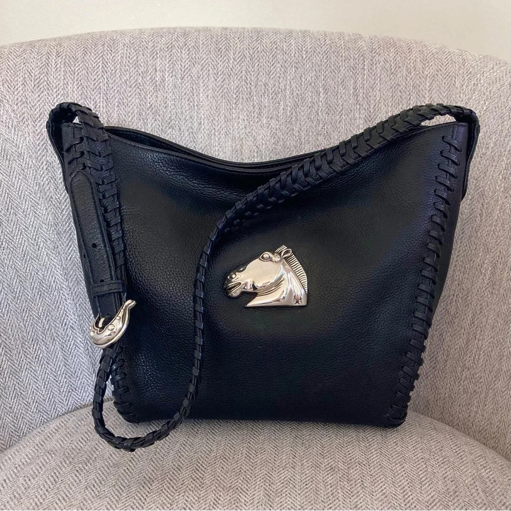 Kieselstein Cord Whipstitched  Black Leather Hobo Bag Silver Horse